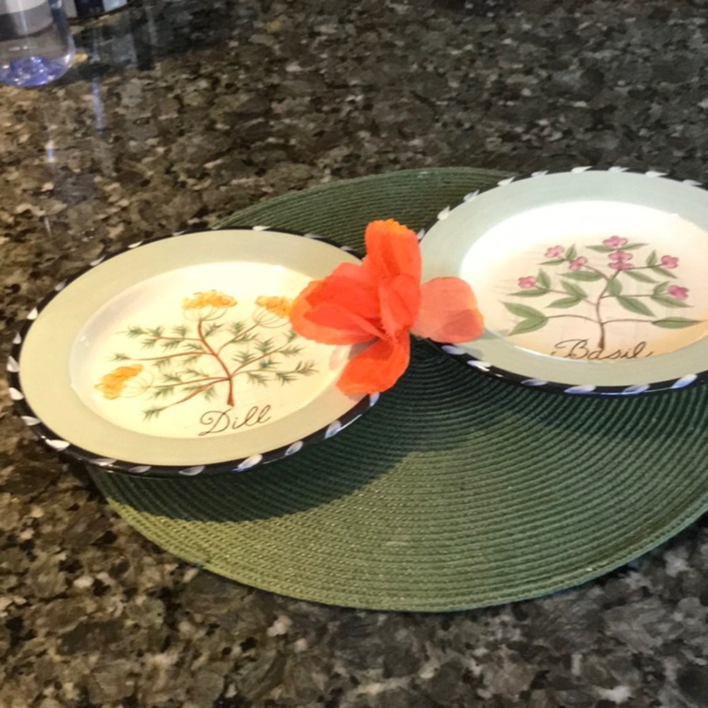 Two Certified International Corporation plates. Basil and Dill with salad!